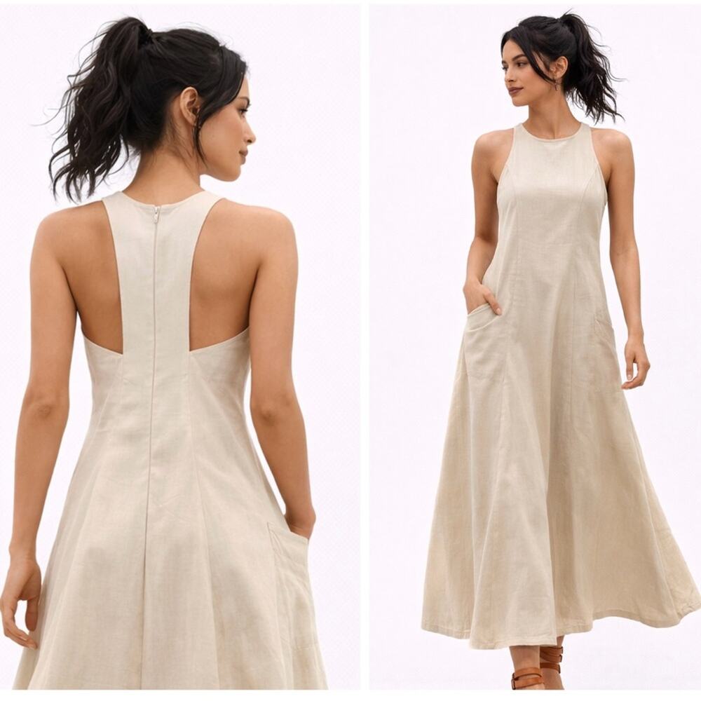 Organic Cotton Boho Chic Maxi Sleeveless A-Line M Layerable Long Dress w/Pockets